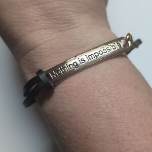523 Black Leather Straps Silver‎ Engraved "Nothing is Impossible" Bracelet